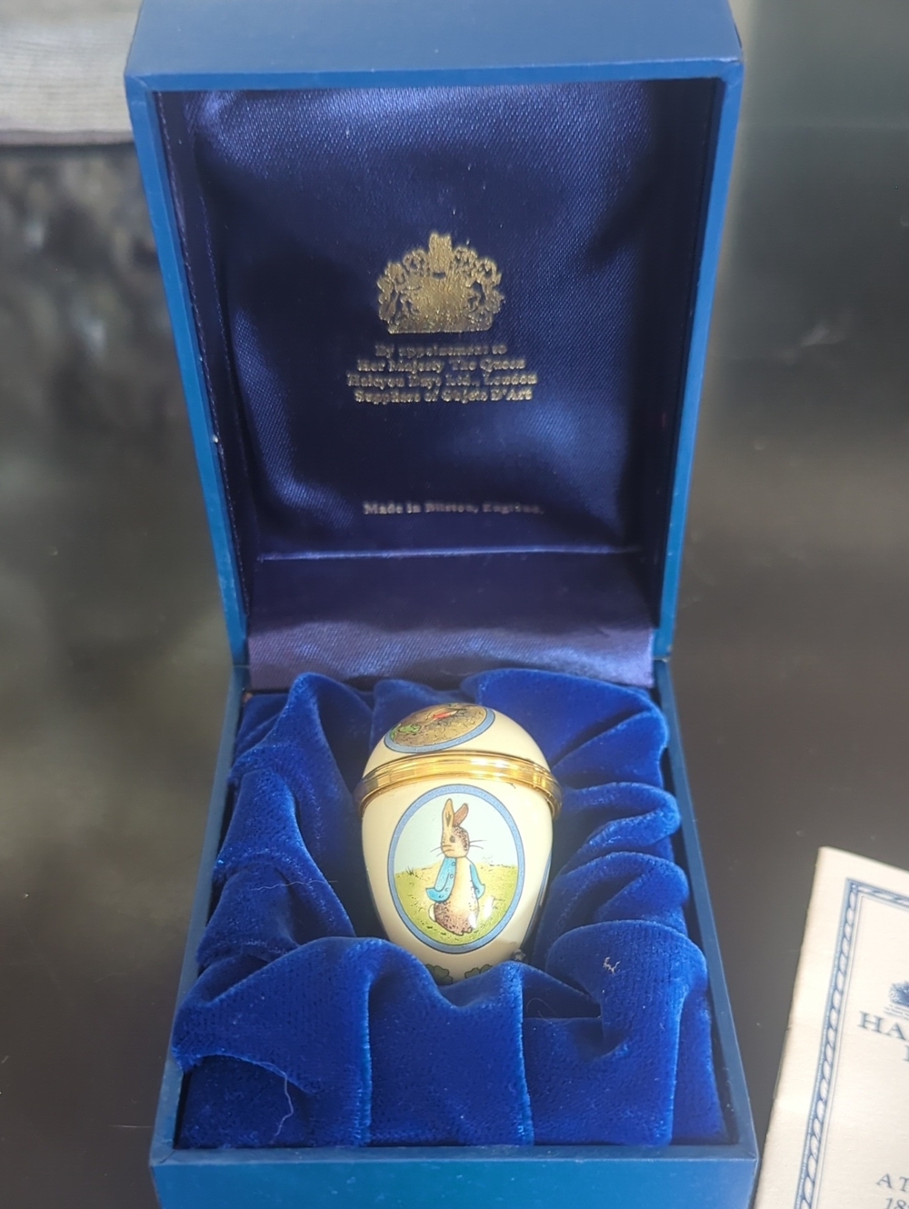 Halcyon days Blue and Gold Enamel Peter Rabbit  Egg Trinket Box